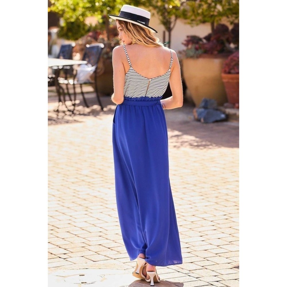 Striped Print Cami Sol Top Hi-waist Skirt Side Pocket Maxi Dress - Picture 6 of 9